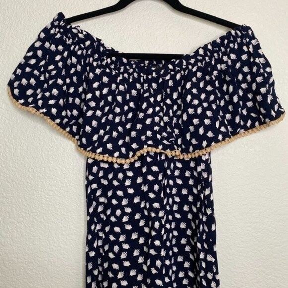 THML Navy Blue Feather Print Off the Shoulder Dress Small - Picture 6 of 9